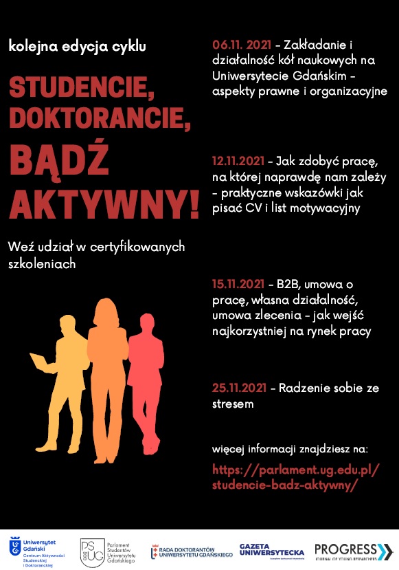 Plakat reklamujący cykl szkoleń: Studencie, doktorancie bądź aktywny!