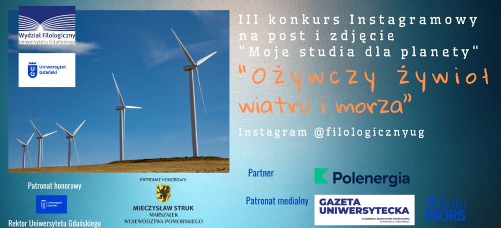 Plakat konkursu ze zdjeciem elektrowni wiatrowych