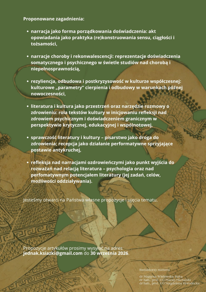 nabór tekstów do nowego numeru "Jednak Książki" zatytułowanego "Narracje zdrowienia, praktyki odzyskiwania sprawczości, formy odbudowy sensu"