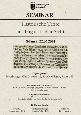 Plakat wydarzenia z próbką tekstu historycznego
