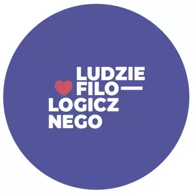 Napis Ludzie Filologicznego na niebieskim tle