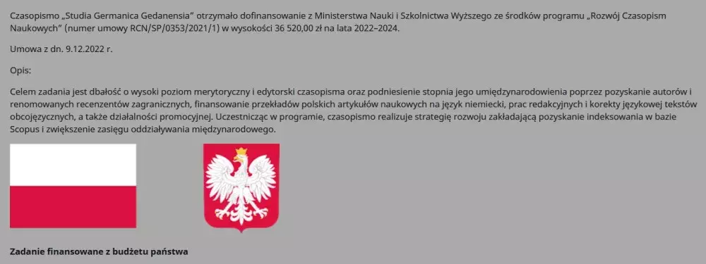 Informacja o dofinansowaniu czasopisma ze środków ministerstwa