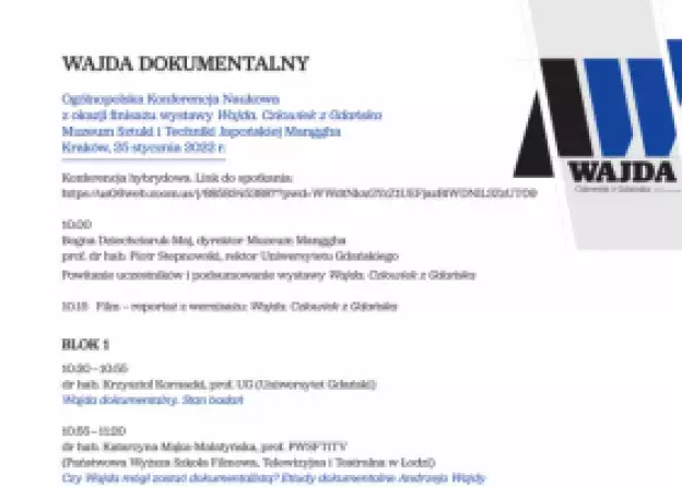Ogólnopolska Konferencja Naukowa „Wajda dokumentalny” z udziałem filmoznawców i teatrologów z…