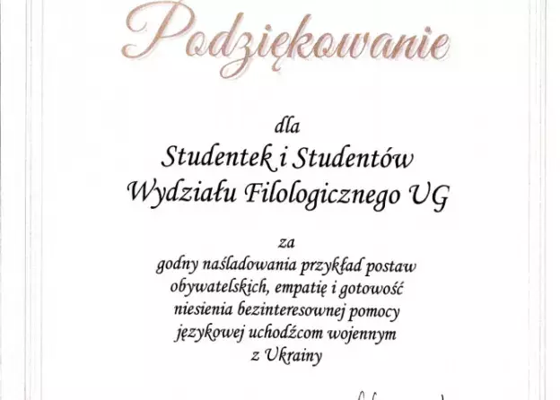 Podziękowanie Marszałka Województwa Pomorskiego dla studentów Wydziału Filologicznego, uczestników…