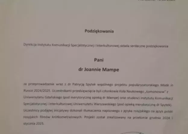 PROJEKT POPULARYZATORSKI Z UNIWERSYTETEM WARSZAWSKIM (WYDZIAŁ LINGWISTYKI STOSOWANEJ, INSTYTUT…